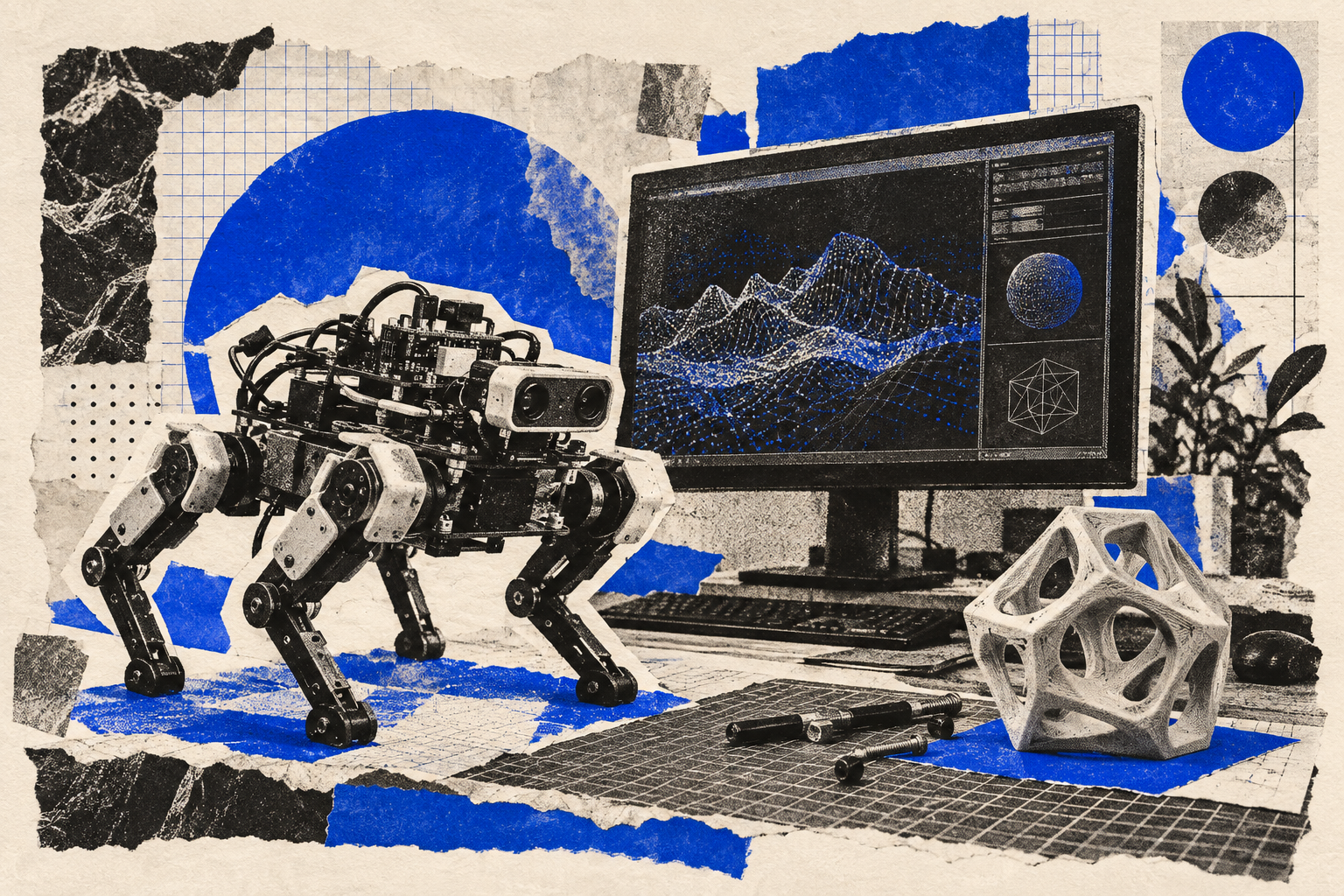 Conceptual collage of a small robot, a computer and a printed object in black and cobalt ink